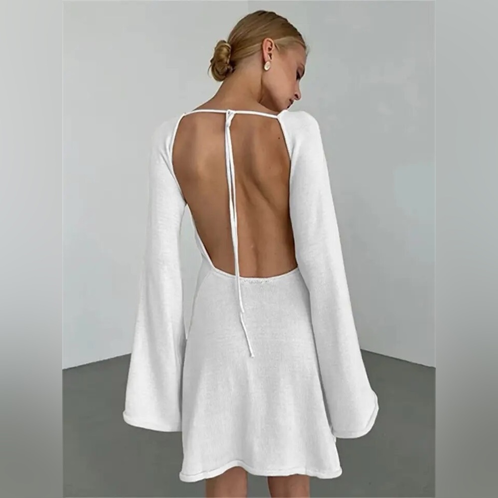 ZAHRA Long Sleeve Open Back Mini Knit Dress- white